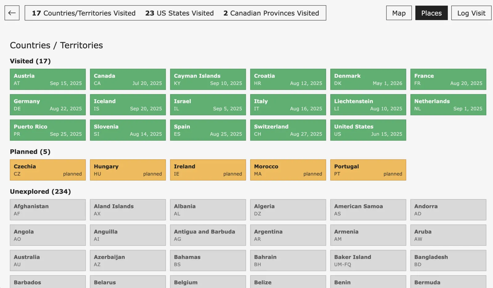 Travel Tracker list view